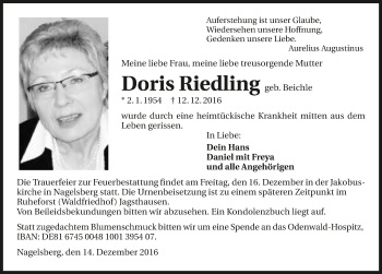 Traueranzeige von Doris Riedling 