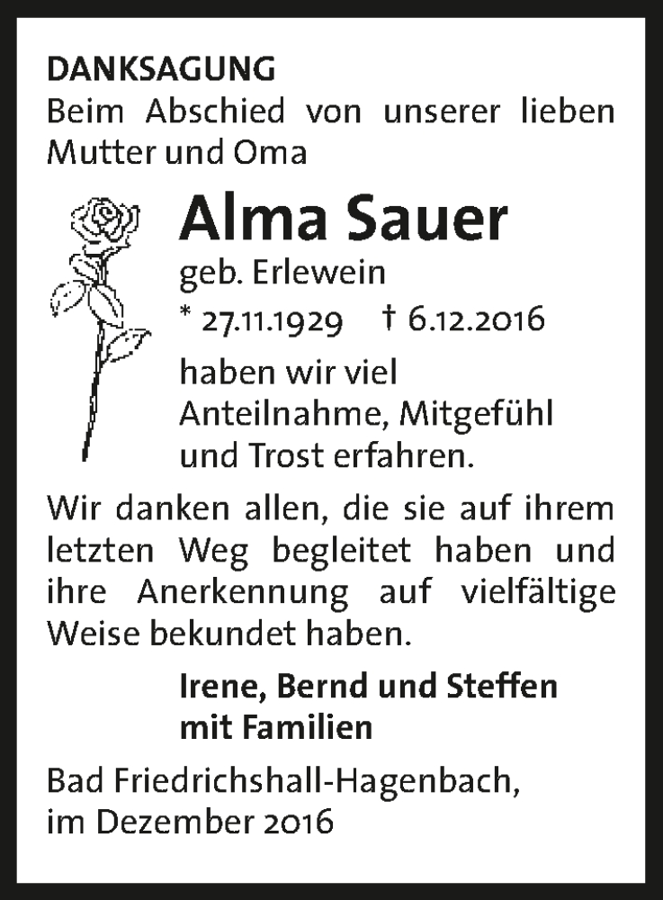  Traueranzeige für Alma Sauer vom 31.12.2016 aus 