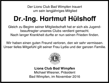 Traueranzeige von Hartmut Hülshoff 