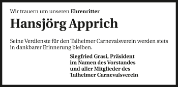 Traueranzeige von Hansjörg Apprich 