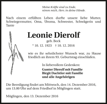 Traueranzeige von Leonie Dierolf 