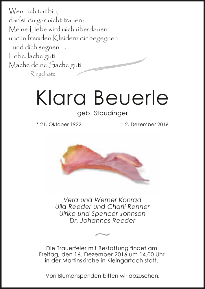  Traueranzeige für Klara Beuerle vom 14.12.2016 aus 