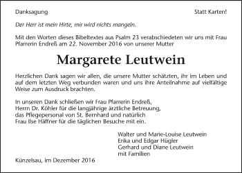 Traueranzeige von Margarete Leutwein 