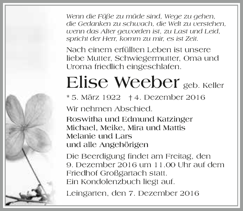  Traueranzeige für Elise Weeber vom 07.12.2016 aus 