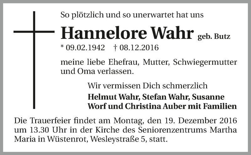  Traueranzeige für Hannelore Wahr vom 15.12.2016 aus 