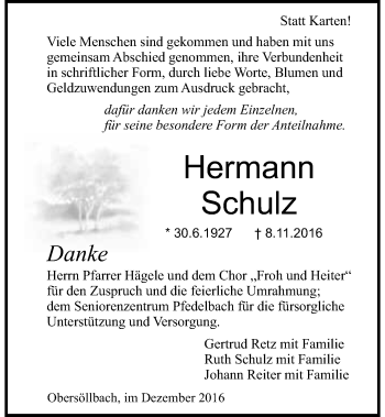 Traueranzeige von Hermann Schulz 