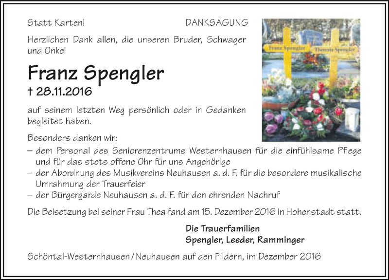  Traueranzeige für Franz Spengler vom 21.12.2016 aus 