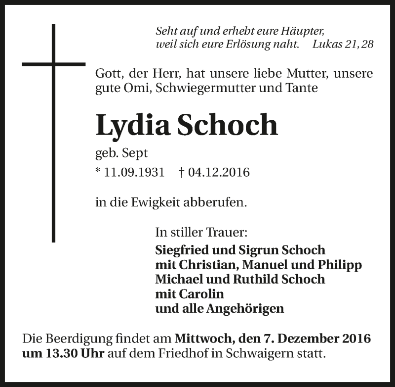  Traueranzeige für Lydia Schoch vom 06.12.2016 aus 