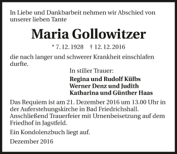 Traueranzeige von Maria Gollowitzer 