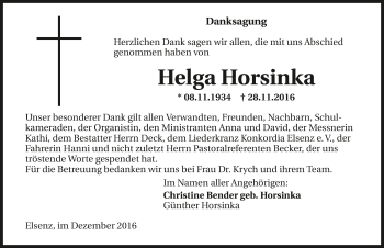 Traueranzeige von Helga Horsinka 