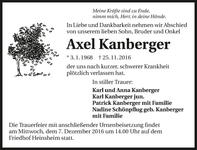 Traueranzeige für Axel Kanberger vom 03.12.2016 aus 