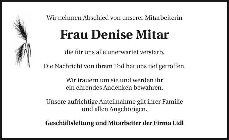  Traueranzeige für Denise Mitar vom 05.12.2016 aus 