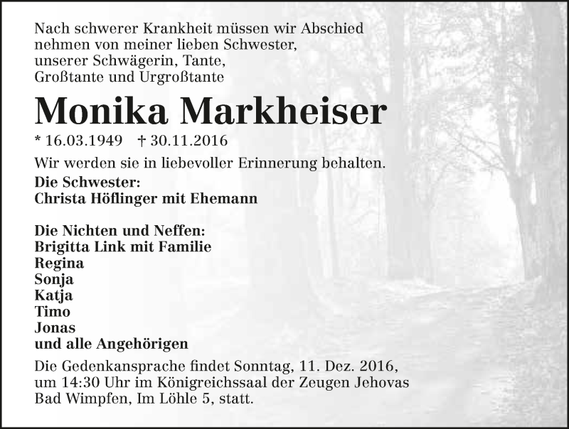  Traueranzeige für Monika Markheiser vom 03.12.2016 aus 