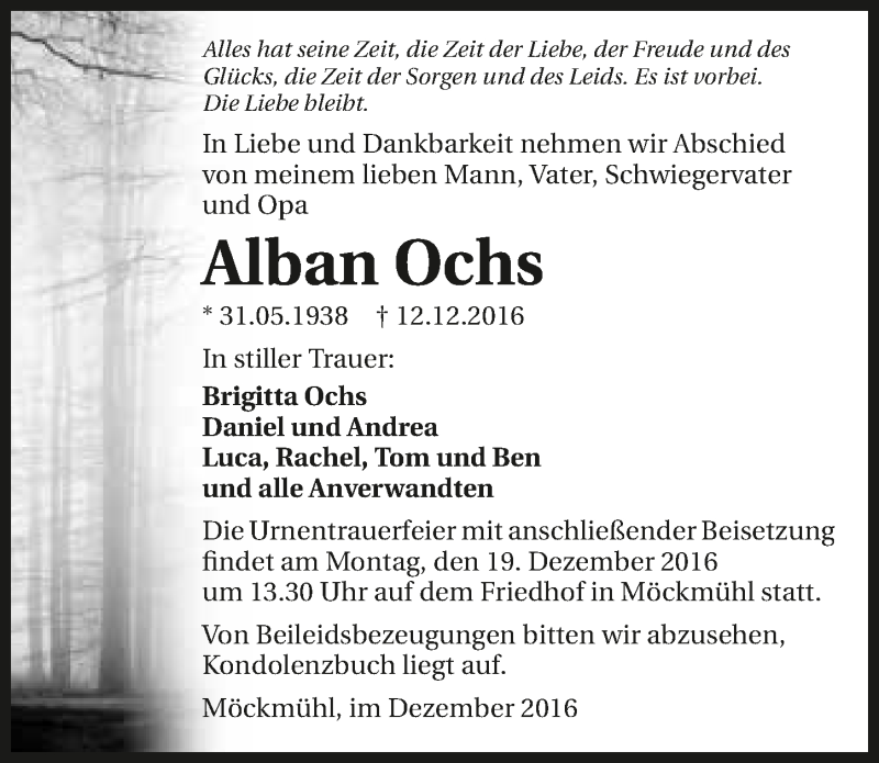  Traueranzeige für Alban Ochs vom 16.12.2016 aus 