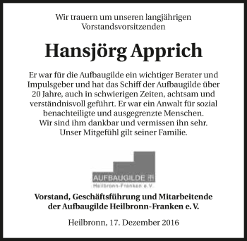Traueranzeige von Hansjörg Apprich 