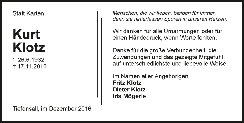  Traueranzeige für Kurt Klotz vom 10.12.2016 aus 