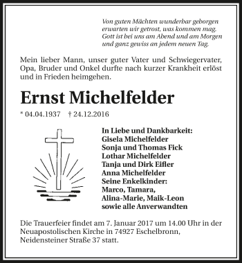 Traueranzeige von Ernst Michelfelder 