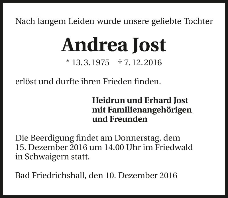  Traueranzeige für Andrea Jost vom 10.12.2016 aus 