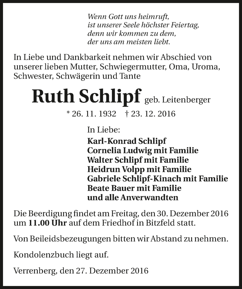  Traueranzeige für Ruth Schlipf vom 27.12.2016 aus 