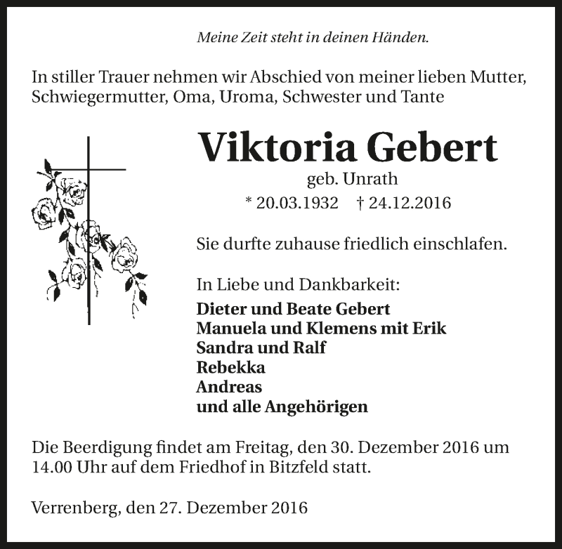  Traueranzeige für Viktoria Gebert vom 27.12.2016 aus 