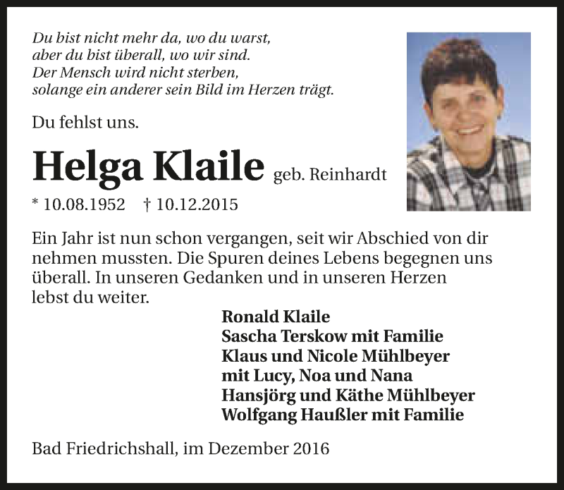  Traueranzeige für Helga Klaile vom 10.12.2016 aus 