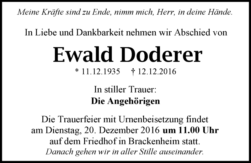  Traueranzeige für Ewald Doderer vom 15.12.2016 aus 