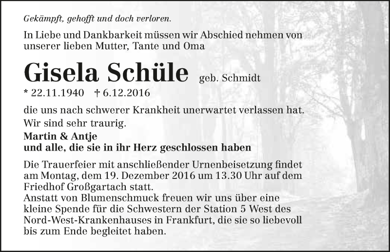  Traueranzeige für Gisela Schüle vom 16.12.2016 aus 