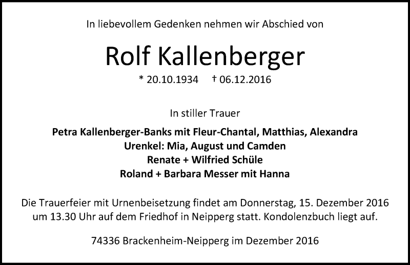  Traueranzeige für Rolf Kallenberger vom 10.12.2016 aus 