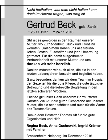 Traueranzeige von Gertrud Beck 