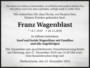 Traueranzeige von Franz Wagenblast 