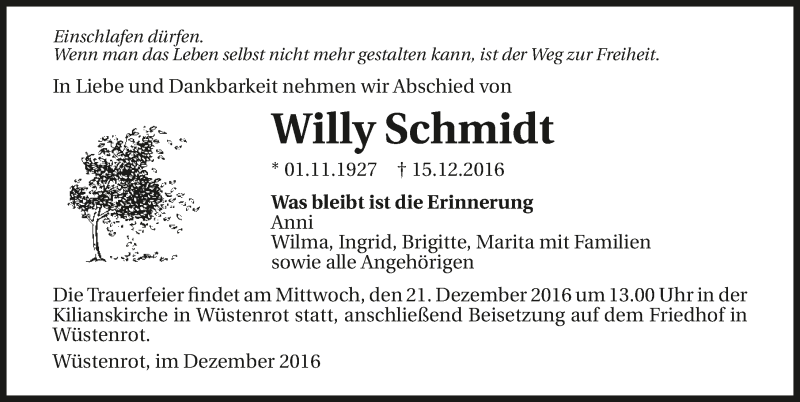  Traueranzeige für Willy Schmidt vom 19.12.2016 aus 