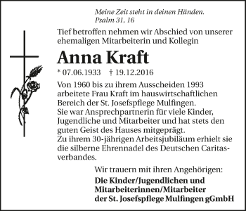 Traueranzeige von Anna Kraft 