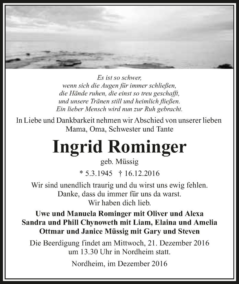  Traueranzeige für Ingrid Rominger vom 20.12.2016 aus 