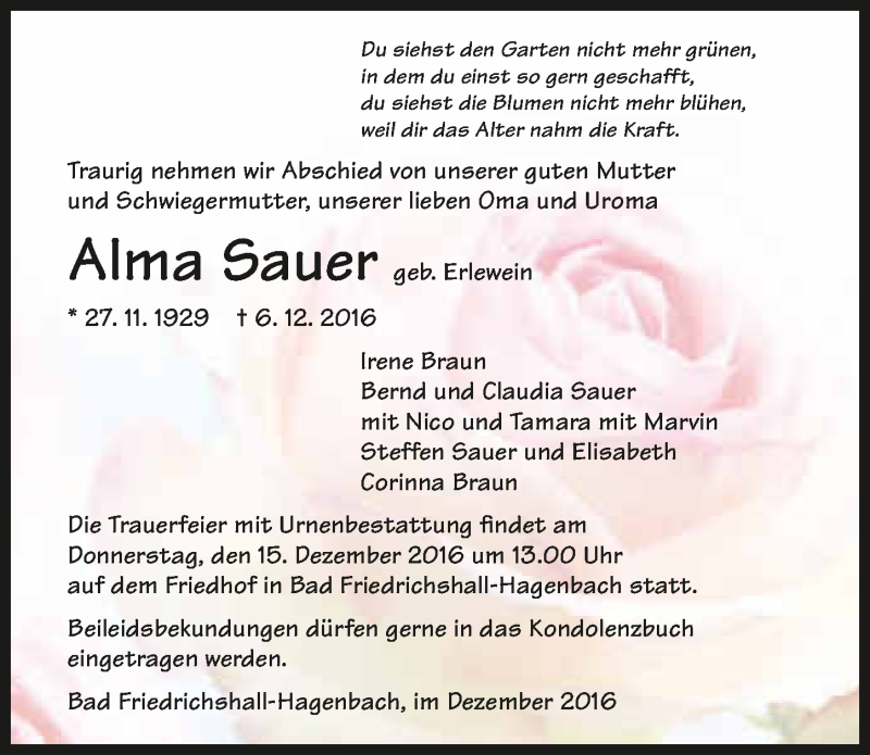  Traueranzeige für Alma Sauer vom 10.12.2016 aus 