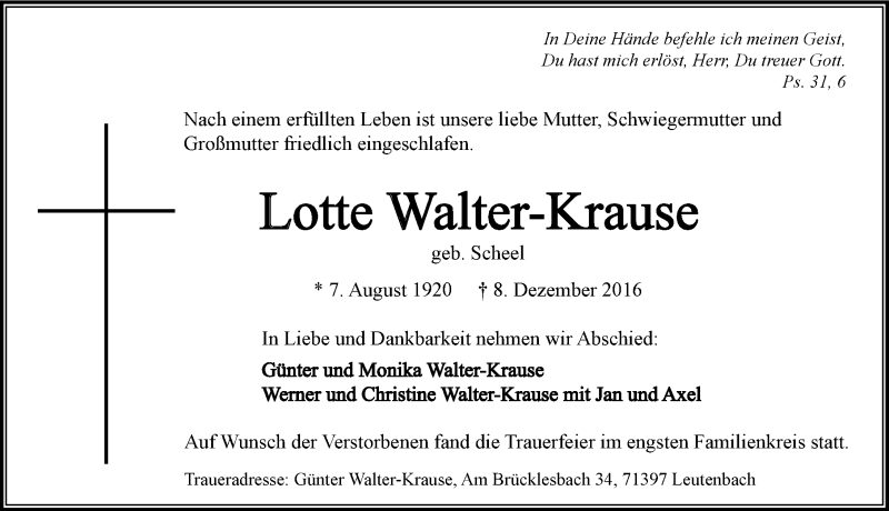  Traueranzeige für Lotte Walter-Krause vom 16.12.2016 aus 