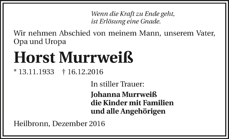  Traueranzeige für Horst Murrweiß vom 24.12.2016 aus 