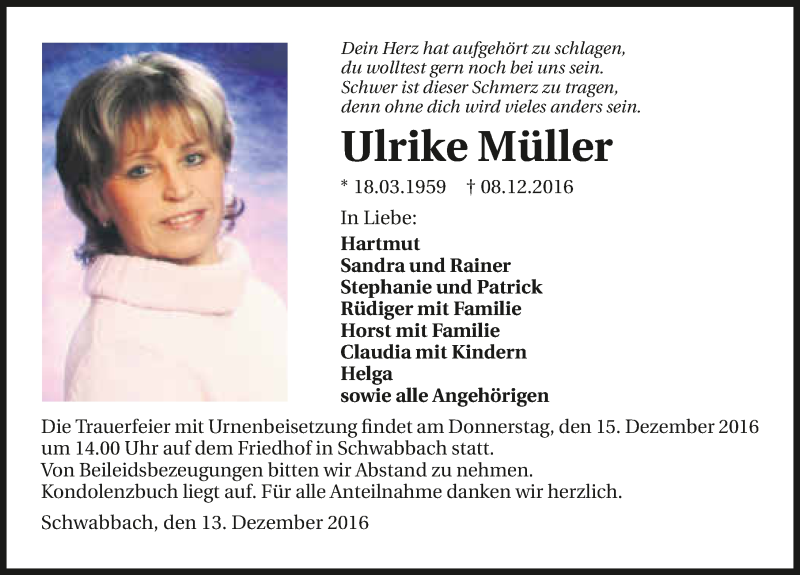  Traueranzeige für Ulrike Müller vom 13.12.2016 aus 
