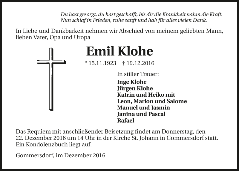 Traueranzeige für Emil Klohe vom 21.12.2016 aus 