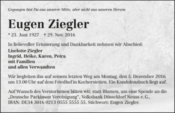 Traueranzeige von Eugen Ziegler 