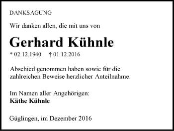 Traueranzeige von Gerhard Kühnle 
