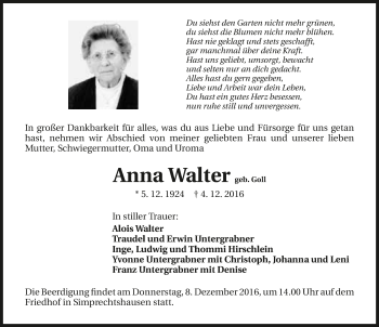 Traueranzeige von Anna Walter 