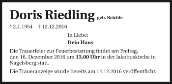 Traueranzeige von Doris Riedling 