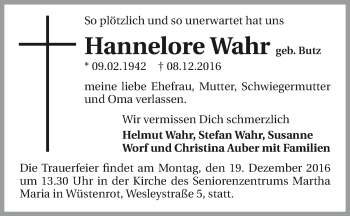Traueranzeige von Hannelore Wahr 