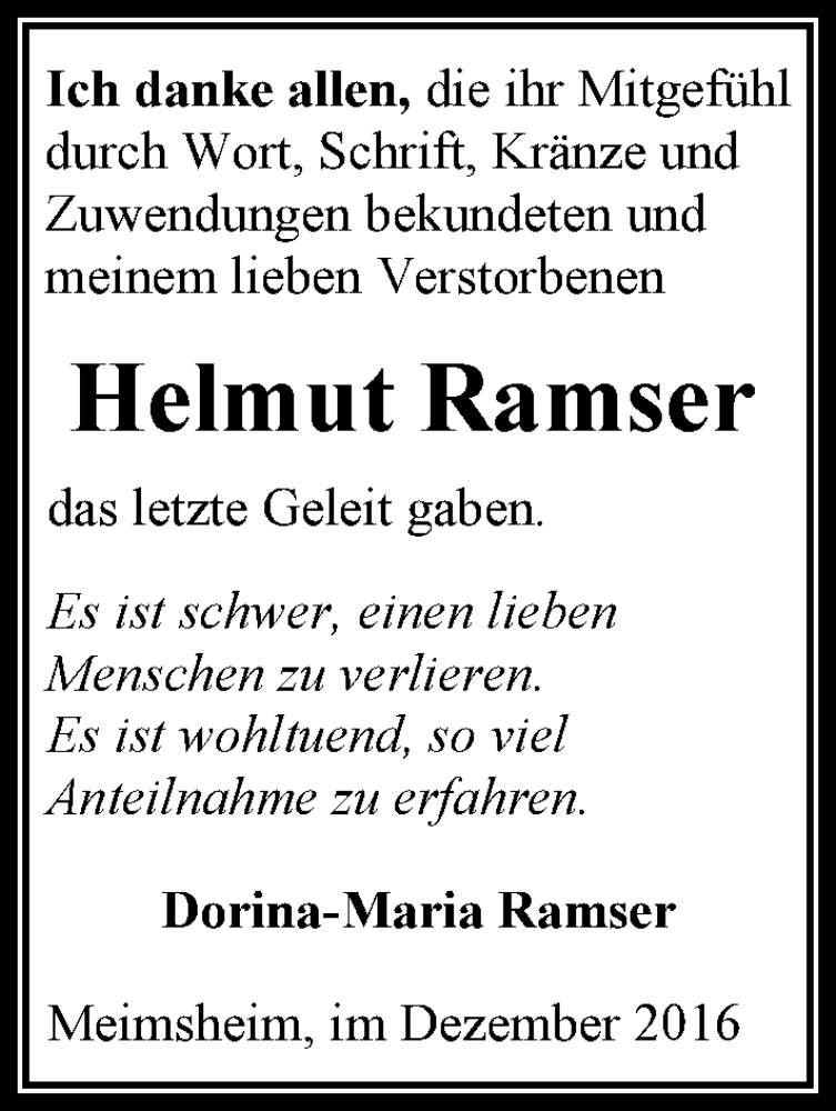  Traueranzeige für Helmut Ramser vom 21.12.2016 aus 
