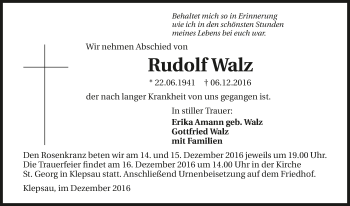 Traueranzeige von Rudolf Walz 