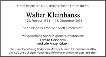 Traueranzeige von Walter Kleinhanss 