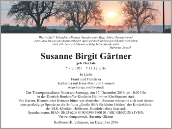 Traueranzeige von Susanne Birgit Gärtner 