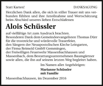 Traueranzeige von Alois Schüssler 