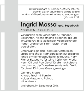 Traueranzeige von Ingrid Massa 