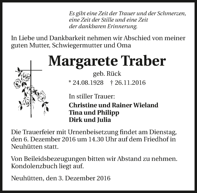  Traueranzeige für Margarete Traber vom 03.12.2016 aus 